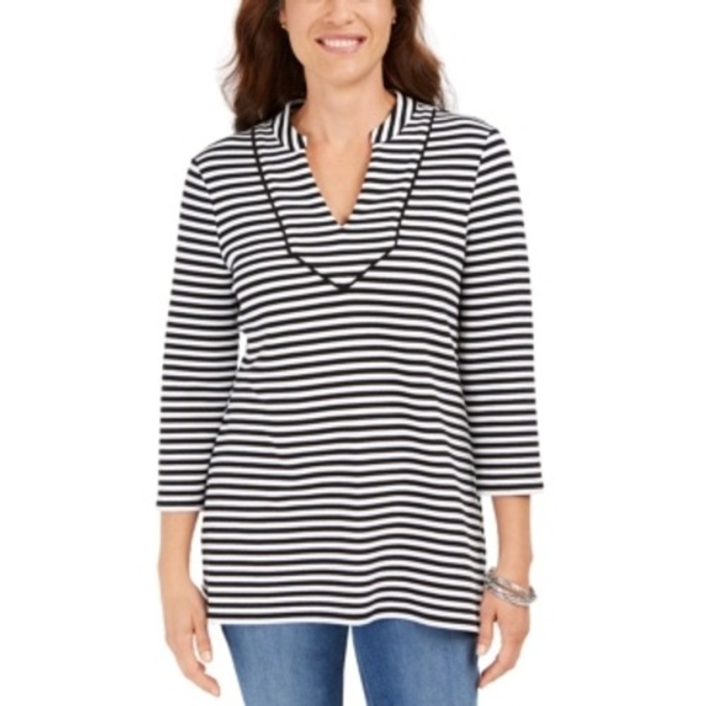990. Charter Club Women's Striped 3/4-Sleeve Top Size Medium Black White Striped
